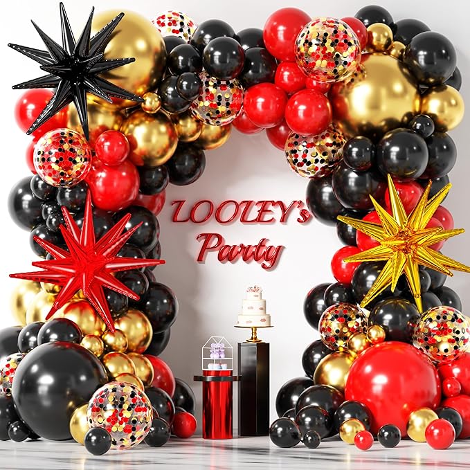 LOOLEY 137Pcs Red Black Gold Balloons Garland Arch Kit with Stars - 5