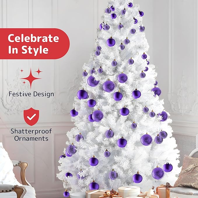 Prextex 36-Pieces Purple Christmas Ornaments Set - Shatterproof,