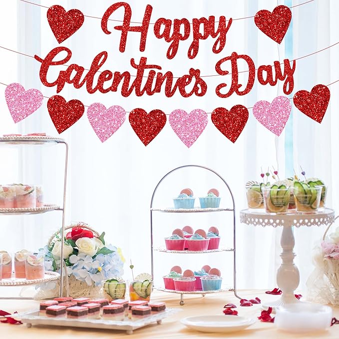 Happy Galentine's Day Banner with Red Pink Glitter Hearts for Home