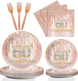 96 Pieces 60th Birthday Party Tableware Set for Pink Rose Gold 60th