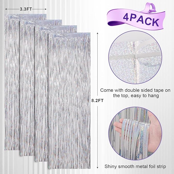 Voircoloria 4 Pack Laser Silver Foil Fringe Backdrop Curtains, Tinsel