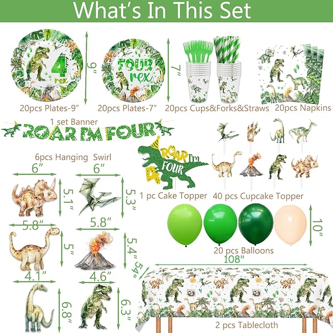 208 Pcs Dinosaur 4th Birthday Party Supplies, Green Dino Roar I'm