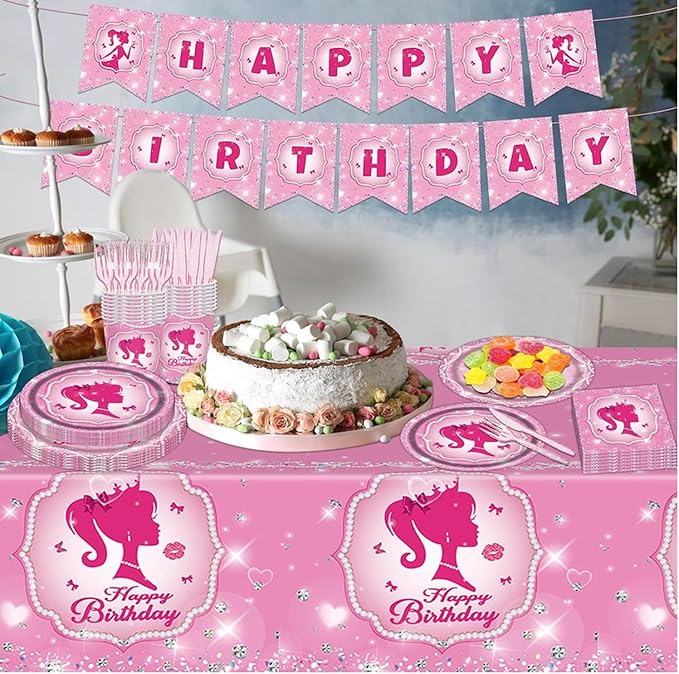 194 Pcs Pink Princess Party Supplies Kit for 24 Guests Disposable
