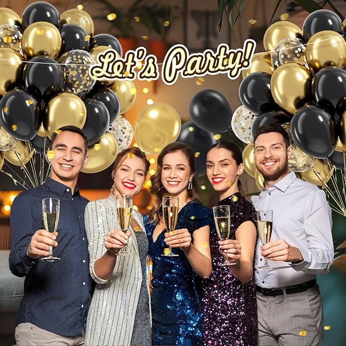 Black and Gold Balloons, 60pcs 12inch Black Metallic Gold Confetti
