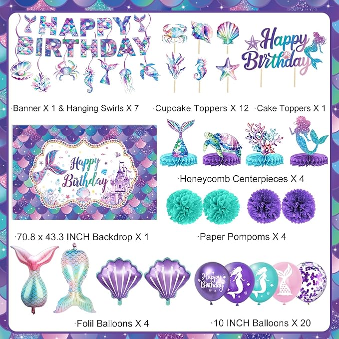 Mermaid Birthday Decorations Includes Banner Backdrop Foil & Latex