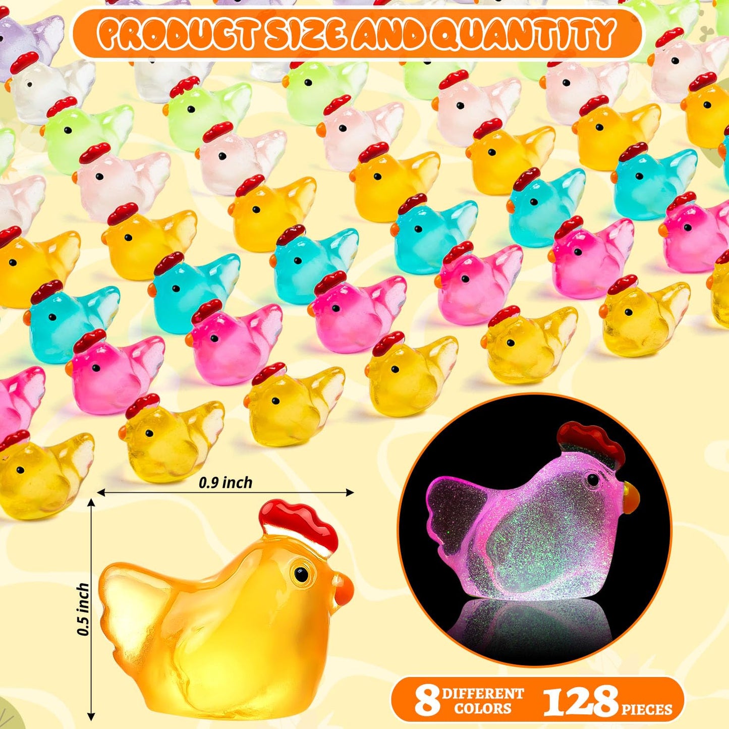 SYWHXY 128PCS Luminous Mini Resin Chickens Miniature Animals, Tiny
