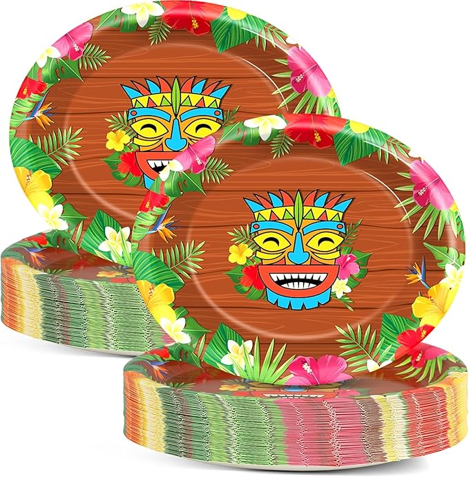 50Pcs Hawaiian Luau Oval Paper Plates 11 Inch Tiki Party Decorations