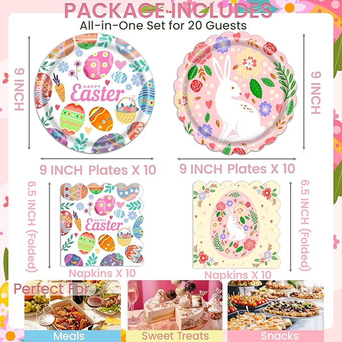 40PCS Easter Party Plates & Napkins Set – 2 Designs (Easter Eggs &