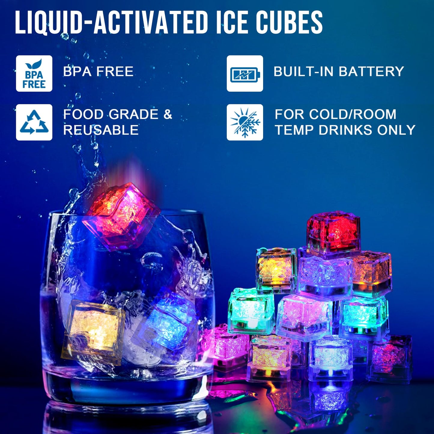 Light Up Led Ice Cubes - 24 Pack Multi Color Glow in the Dark,