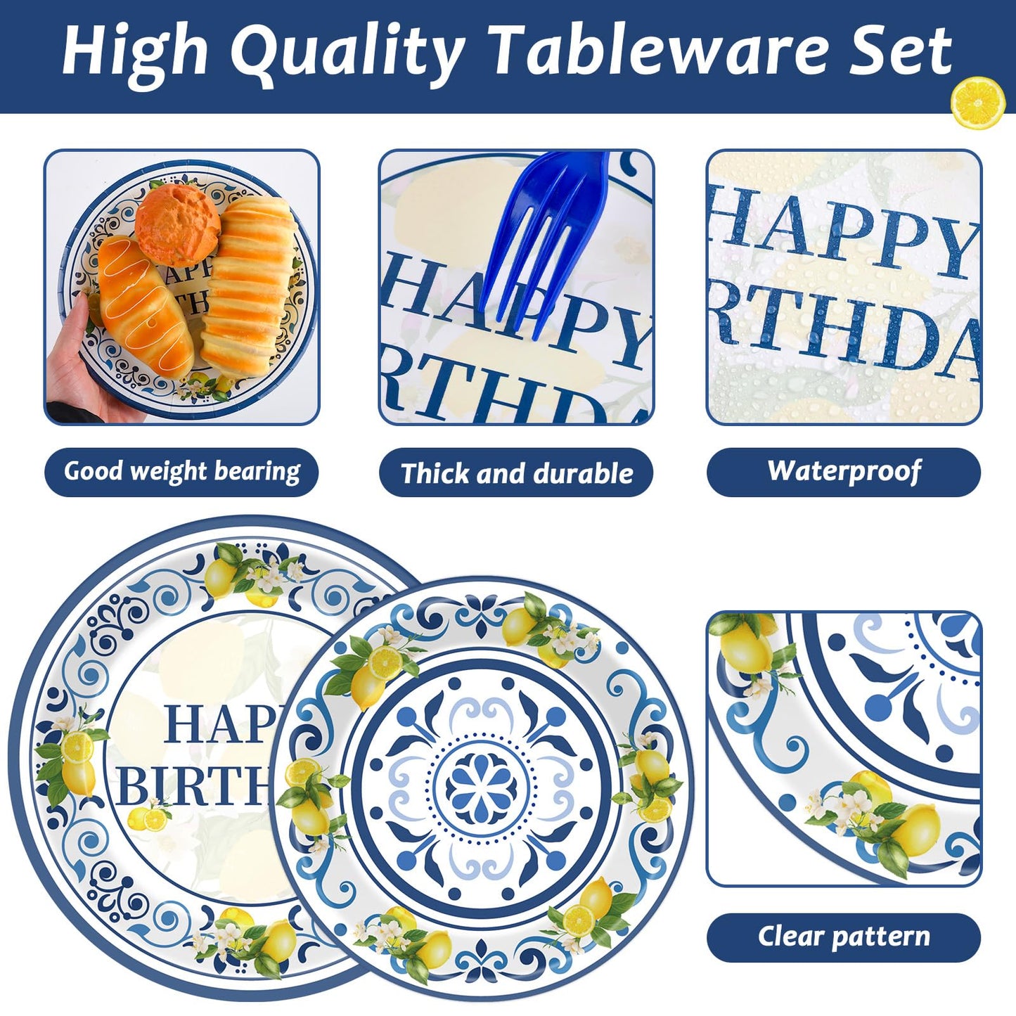96PCS Lemon Party Paper Plates and Napkins Blue Tiles Yellow Lemon