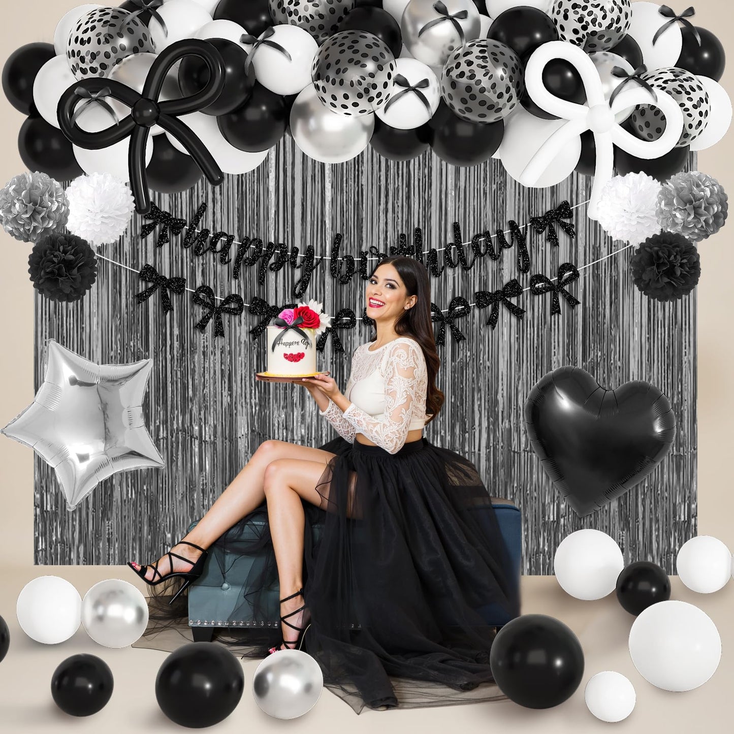 Black Bow Birthday Party Decorations, Coquette Bow Black and White