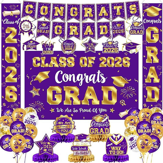 Graduation Decorations Class of 2026 Purple and Gold Graduation