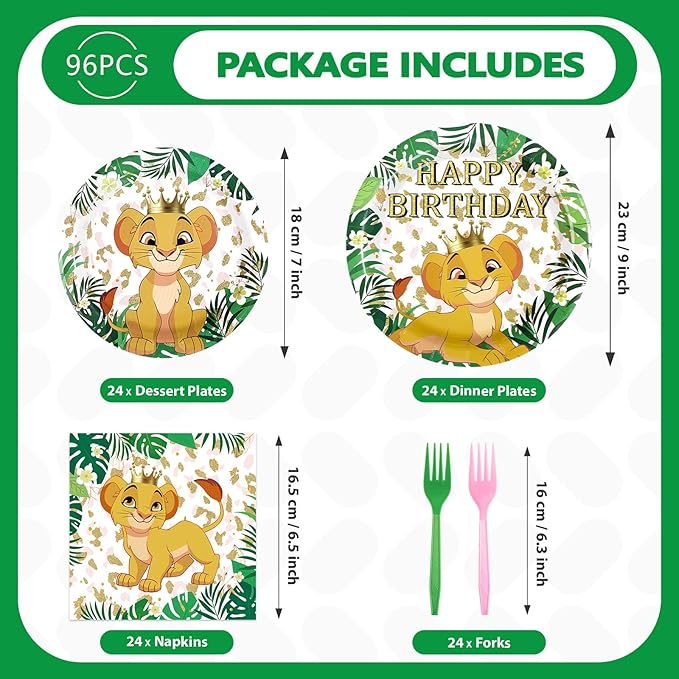 96Pcs Lion Baby Shower Party Decorations Jungle Safari Lion Plates