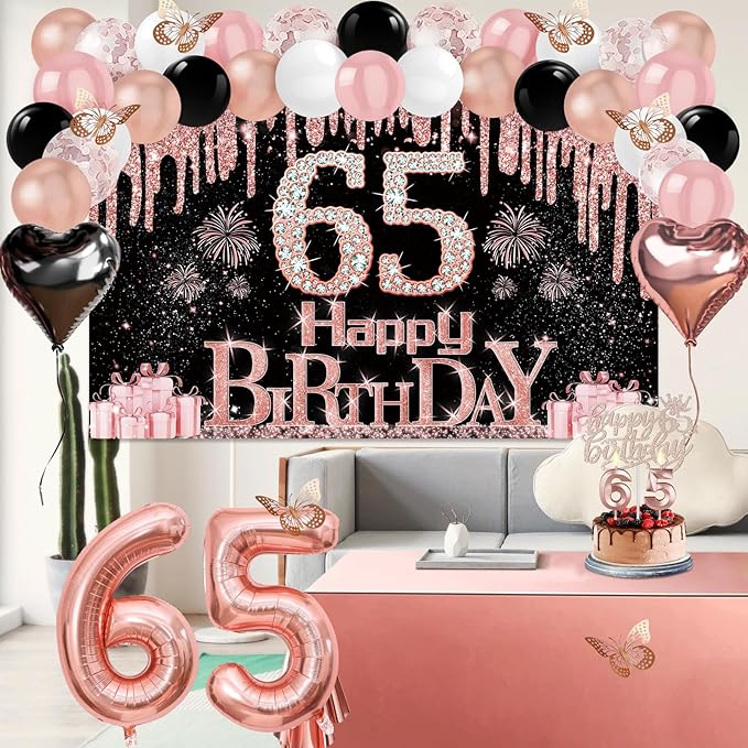 65th Birthday Decorations for Women 49pcs Black Rose Gold Black