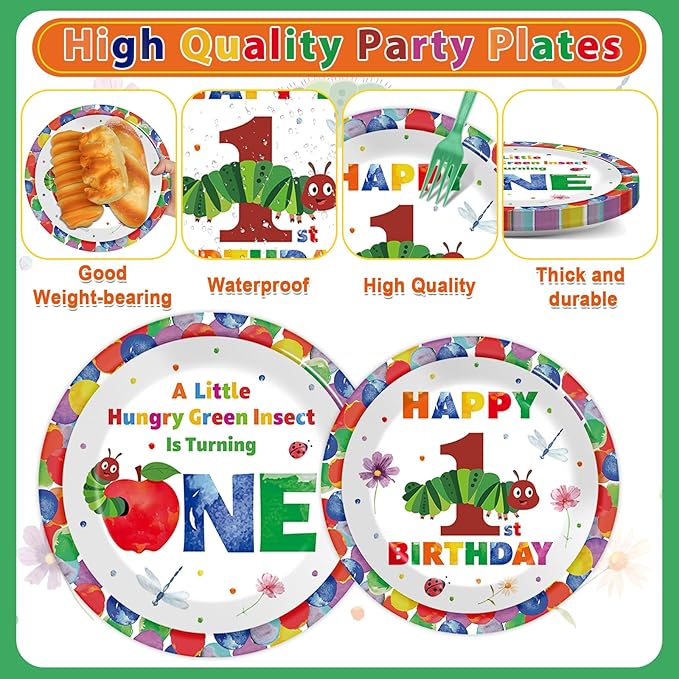 96Pcs Caterpillar 1st Birthday Party Plates and Napkins Hungry