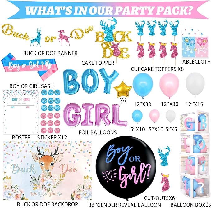 Buck or Doe Gender Reveal Decorations 169 PCs Boy or Girl Gender