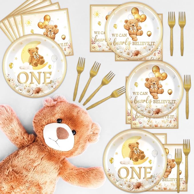 96Pcs Beary First Birthday Decorations Plates Sets 1st Teddy Bear