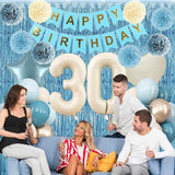 Dusty Blue 30th Birthday Party Decorations for Her Him Beige Cream