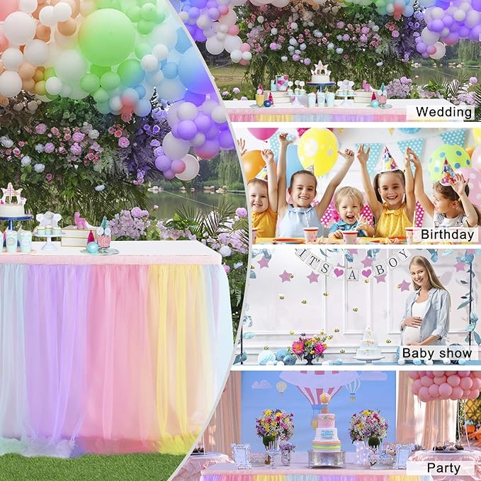 Rainbow Table Skirt for Baby Shower Girl Birthday Party 9ft Tulle