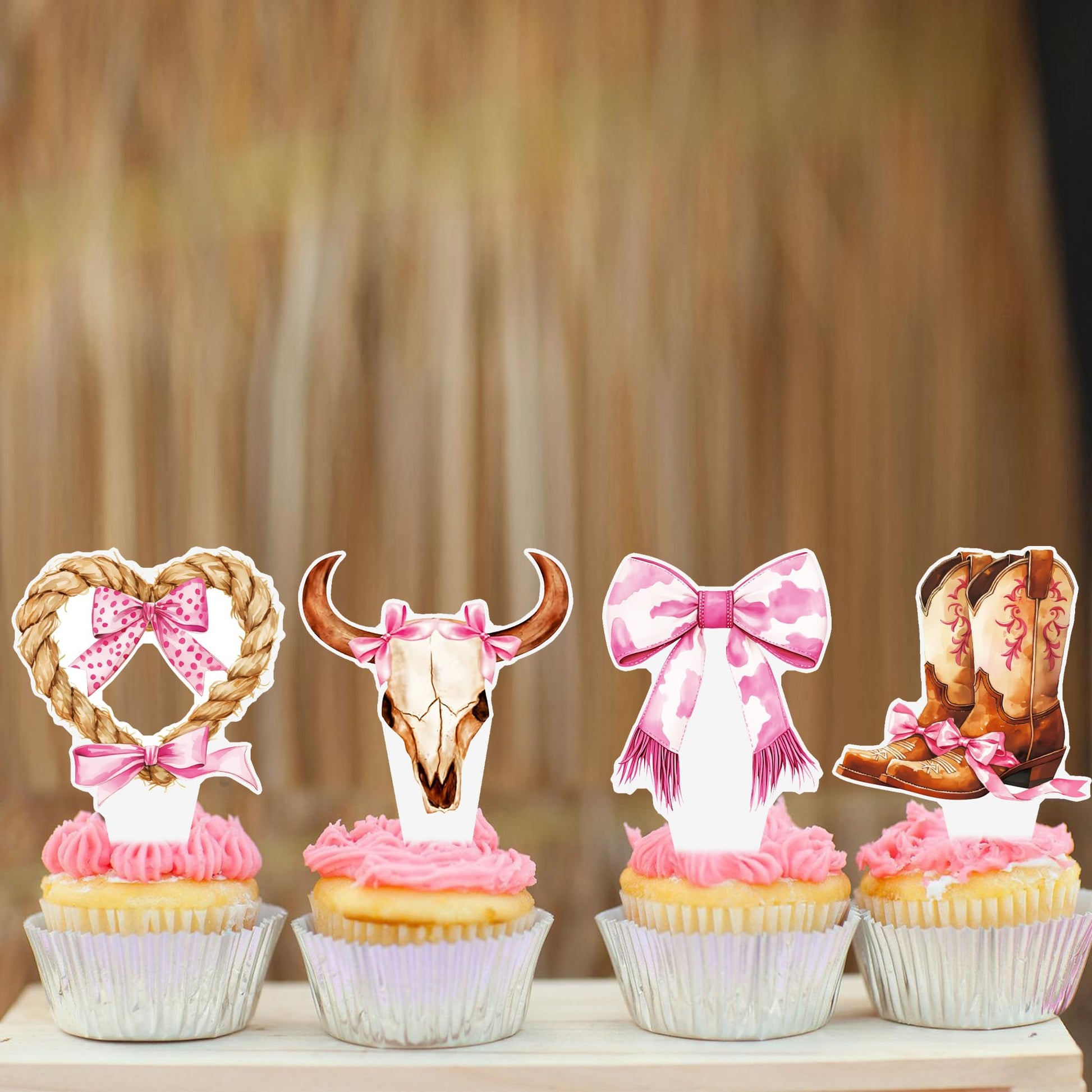 Western Cowgirl Bow Cupcake Toppers 48Pcs Brown Pink Cowgirls Birthday