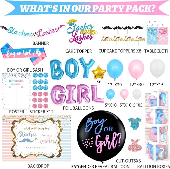 Staches or Lashes Gender Reveal Decorations 169 PCs Boy or Girl
