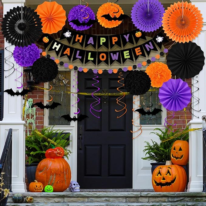 26PCS Halloween Party Decorations Purple Black Orange Paper Fans Set
