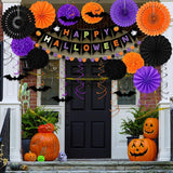 26PCS Halloween Party Decorations Purple Black Orange Paper Fans Set