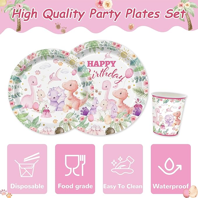 168PCS Dinosaur Party Supllies for Girls Pink Cartoon Dino Birthday