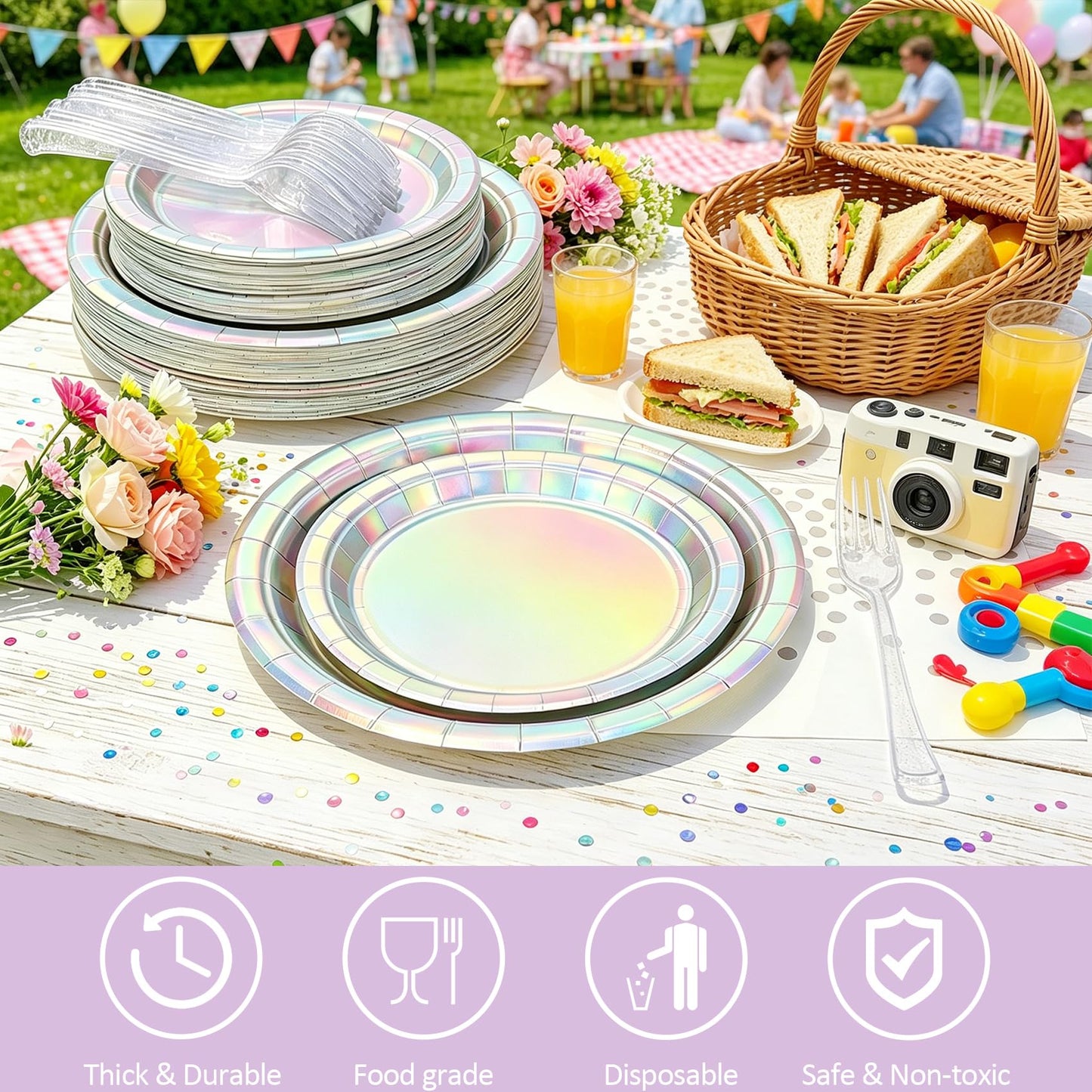 Iridescent Party Plates and Napkins,200pcs | 50 7inch Dessert Plates |