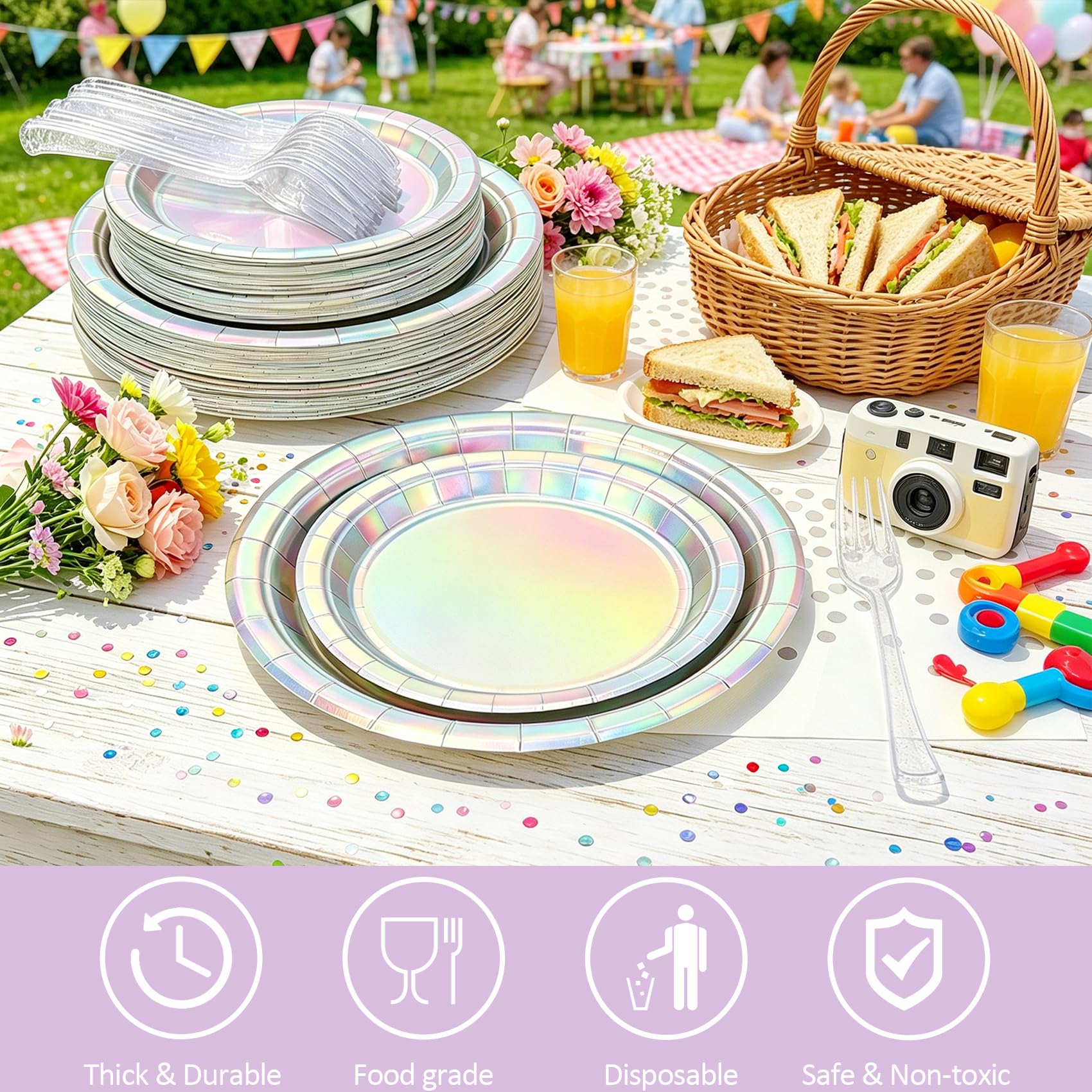 Iridescent Party Plates and Napkins,200pcs | 50 7inch Dessert Plates |