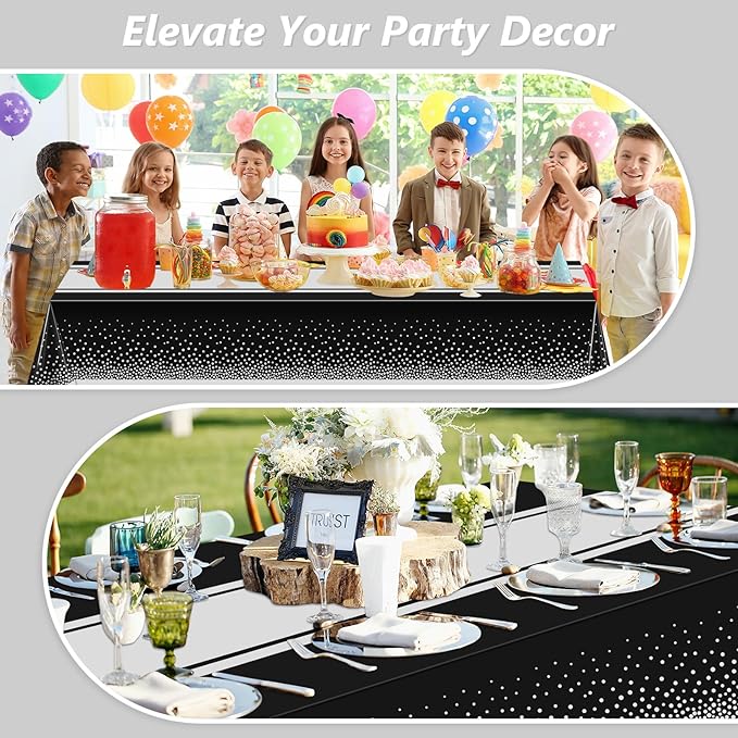 Black and Silver Tablecloth Party Decorations 12 Pack, Disposable