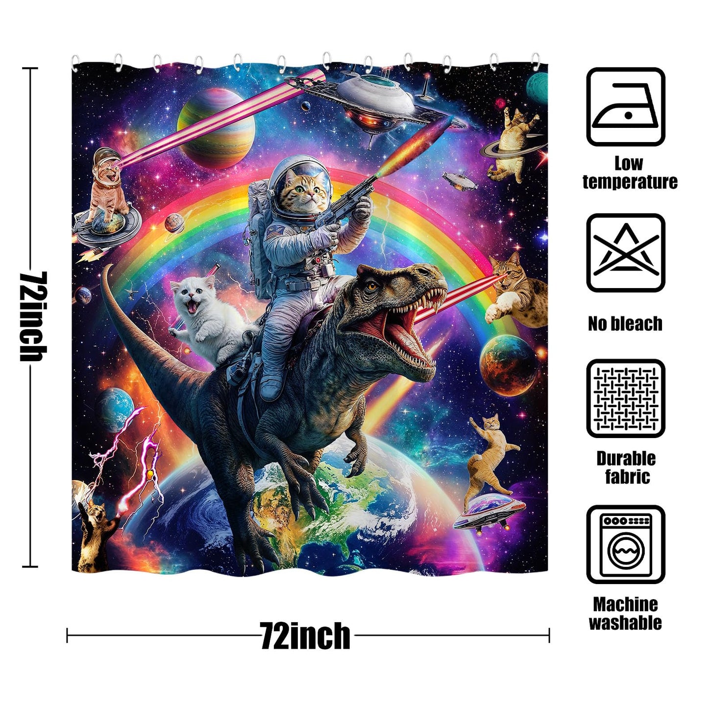 Fowocu Funny Cat Dinosaur Shower Curtain Fun Cool Colorful Space Cats