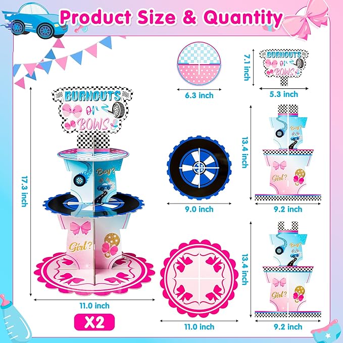 Burnout or Bow Gender Reveal Party Cupcake Stand 2Pcs 3 Tier Racing