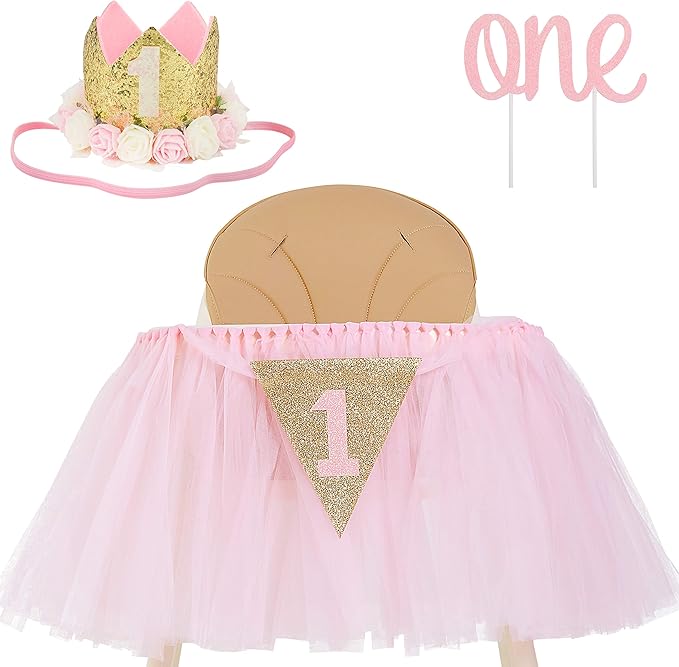 1st Birthday Girl Decoration High Chair Tutu Skirt WITH No.1 Crown