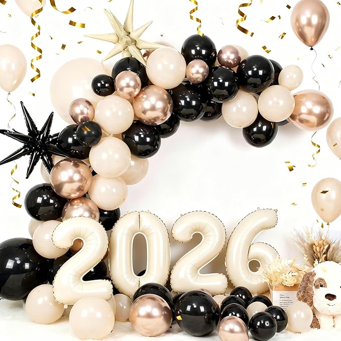 Sand White Black Gold Balloon Arch Kit,Balloon Garland with Star Foil