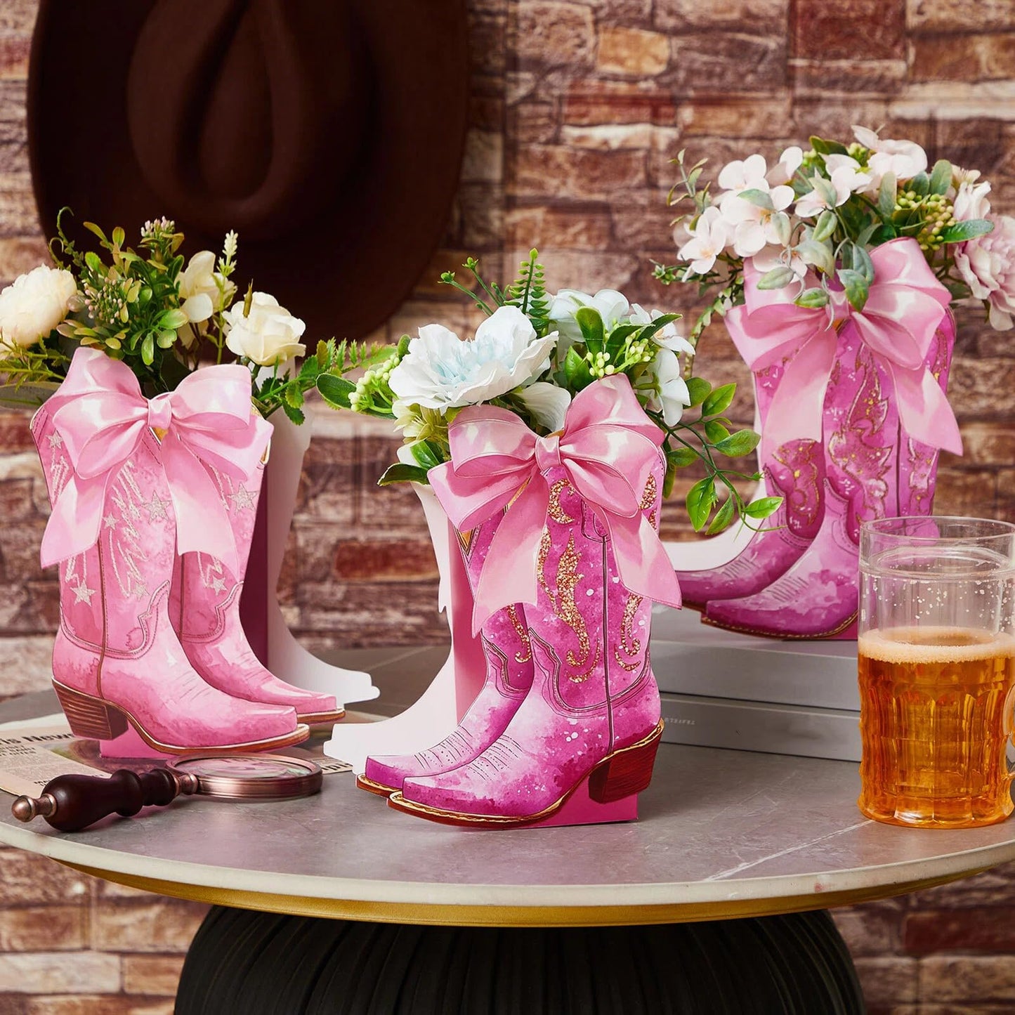 Memorywuu 12 Set Pink Western Cowgirl Bow Boots Flower Boxes