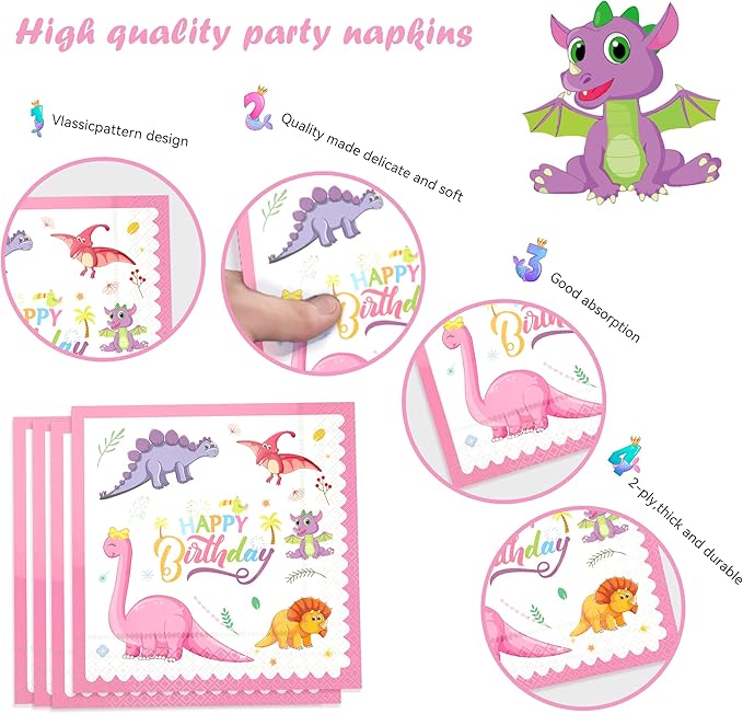 120 Pcs Pink Dinosaur Birthday Party Plates Napkins Girls Dinosaur