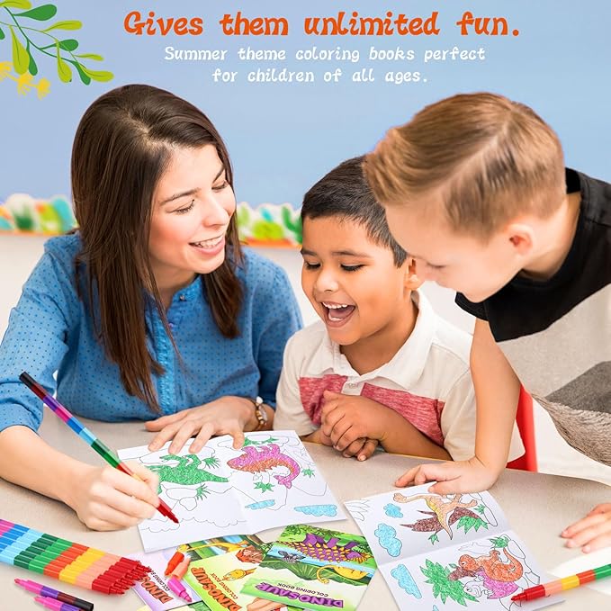 12 Dinosaur Mini Coloring Books Kids with 12 Stacking Crayons Dino