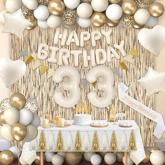 33rd Birthday Decorations for Women, White and Gold 33 Boho Birthday