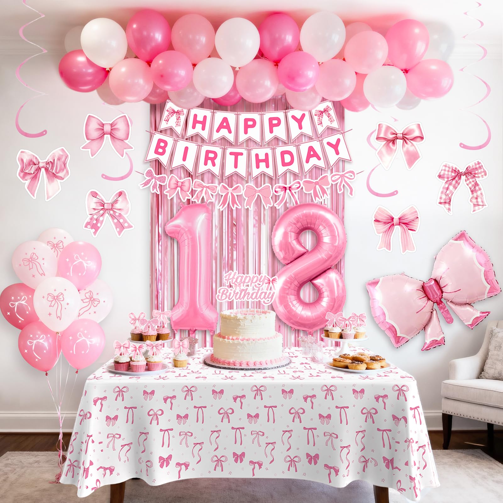 18th Pink Birthday Decorations for Girls, Pink Bow Coquette Birthday
