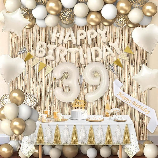 39th Birthday Decorations for Women, White and Gold 39 Boho Birthday