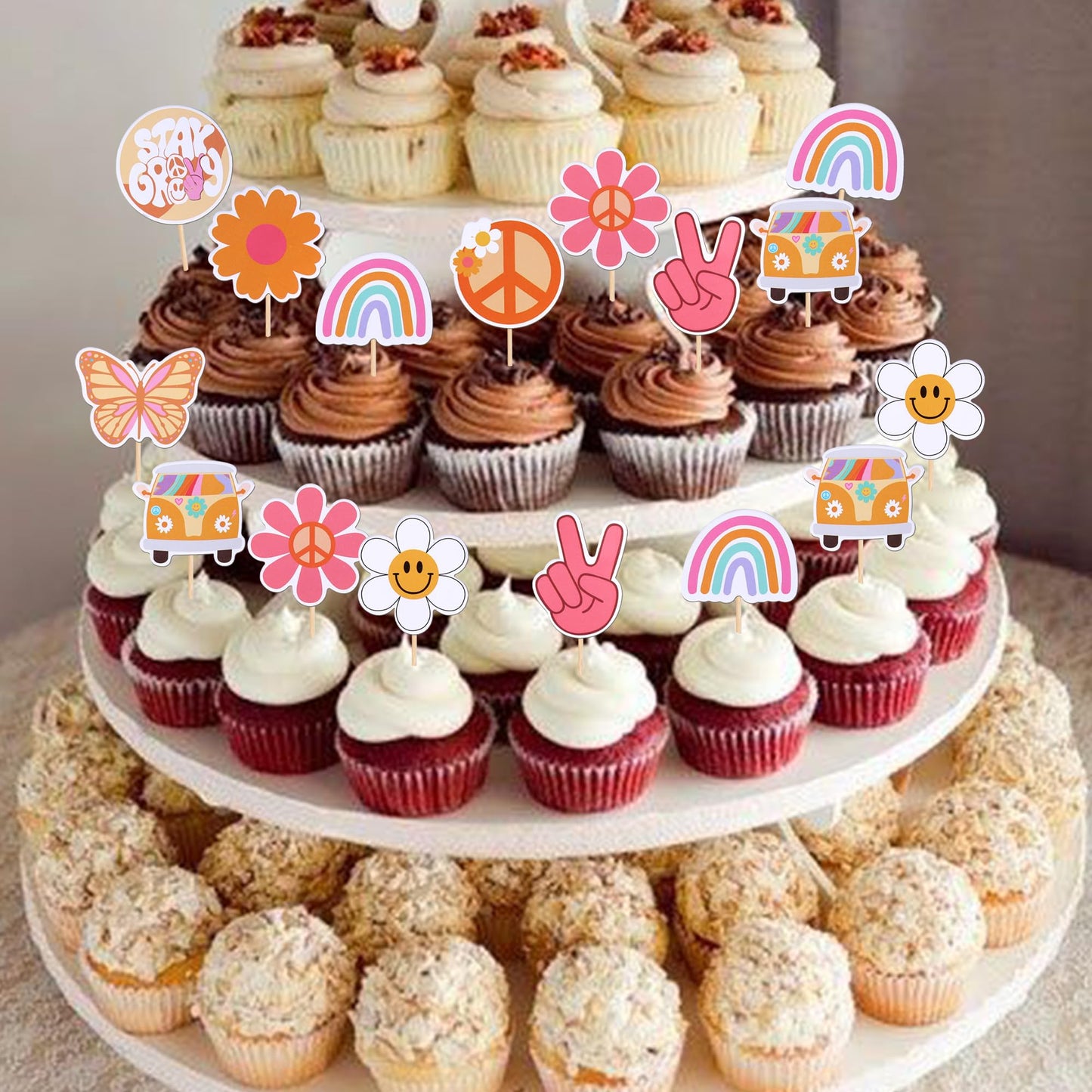 Rsstarxi 36 Pack Groovy Cupcake Toppers Hippie Party Cake Decorations