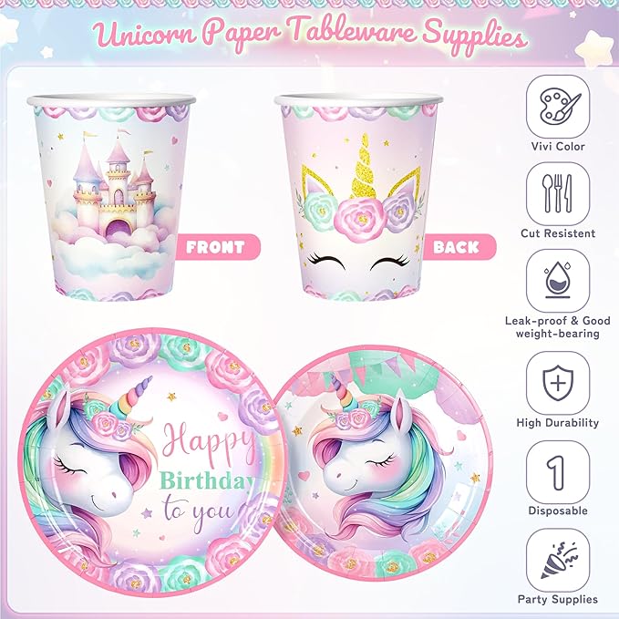 171Pcs Unicorn Birthday Party Supplies with Plates Cups Napkins