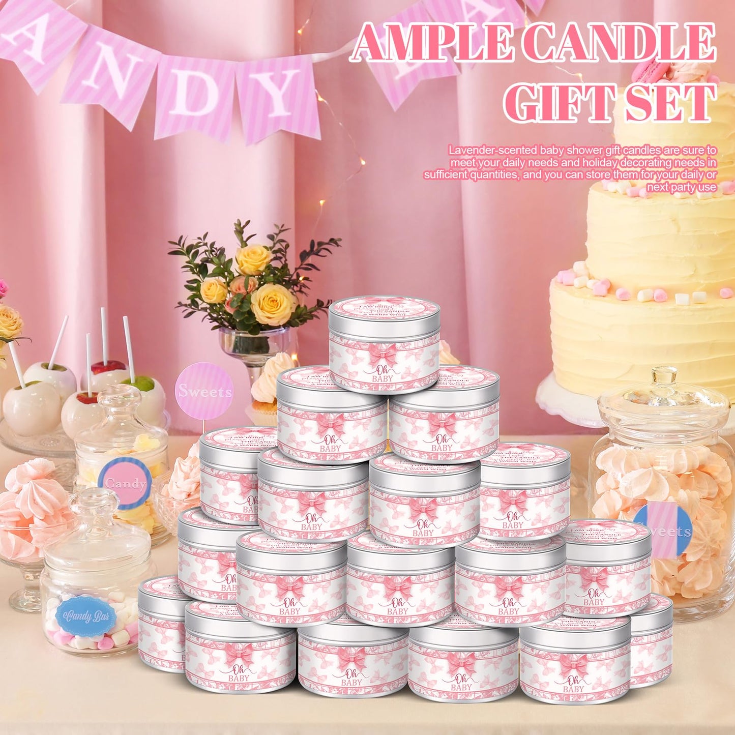 MTLEE 24 Pcs Bow Baby Shower Party Favors Candles Lavender Scented