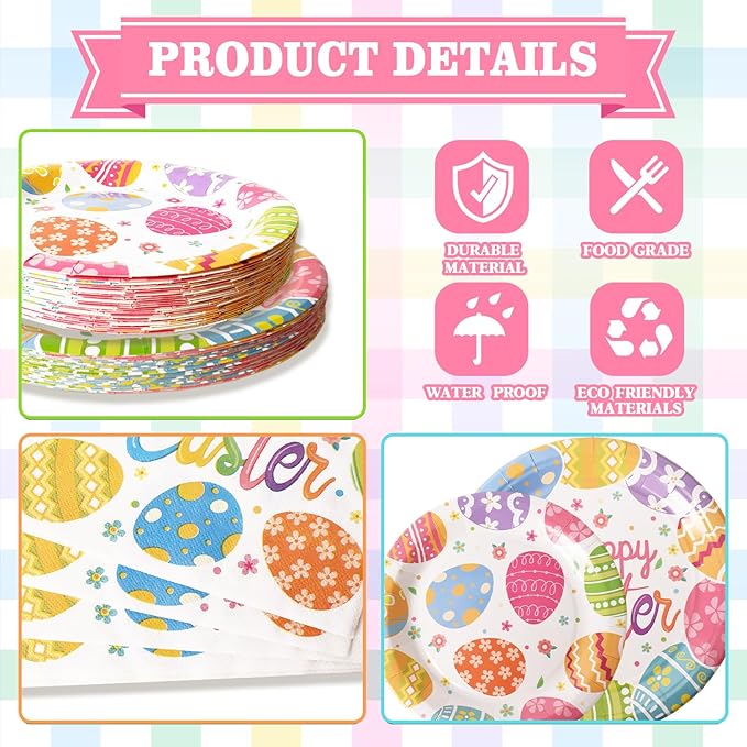 75Pcs Easter Paper Plates and Napkins Set Easter Eggs Themed