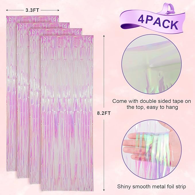 Voircoloria 4 Pack Iridescent Transparent Foil Fringe Backdrop