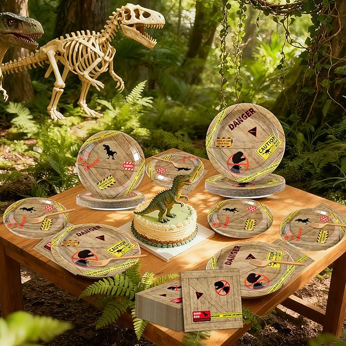 96Pcs Dinosaur Birthday Party Plates and Napkins Forks Dinosaur