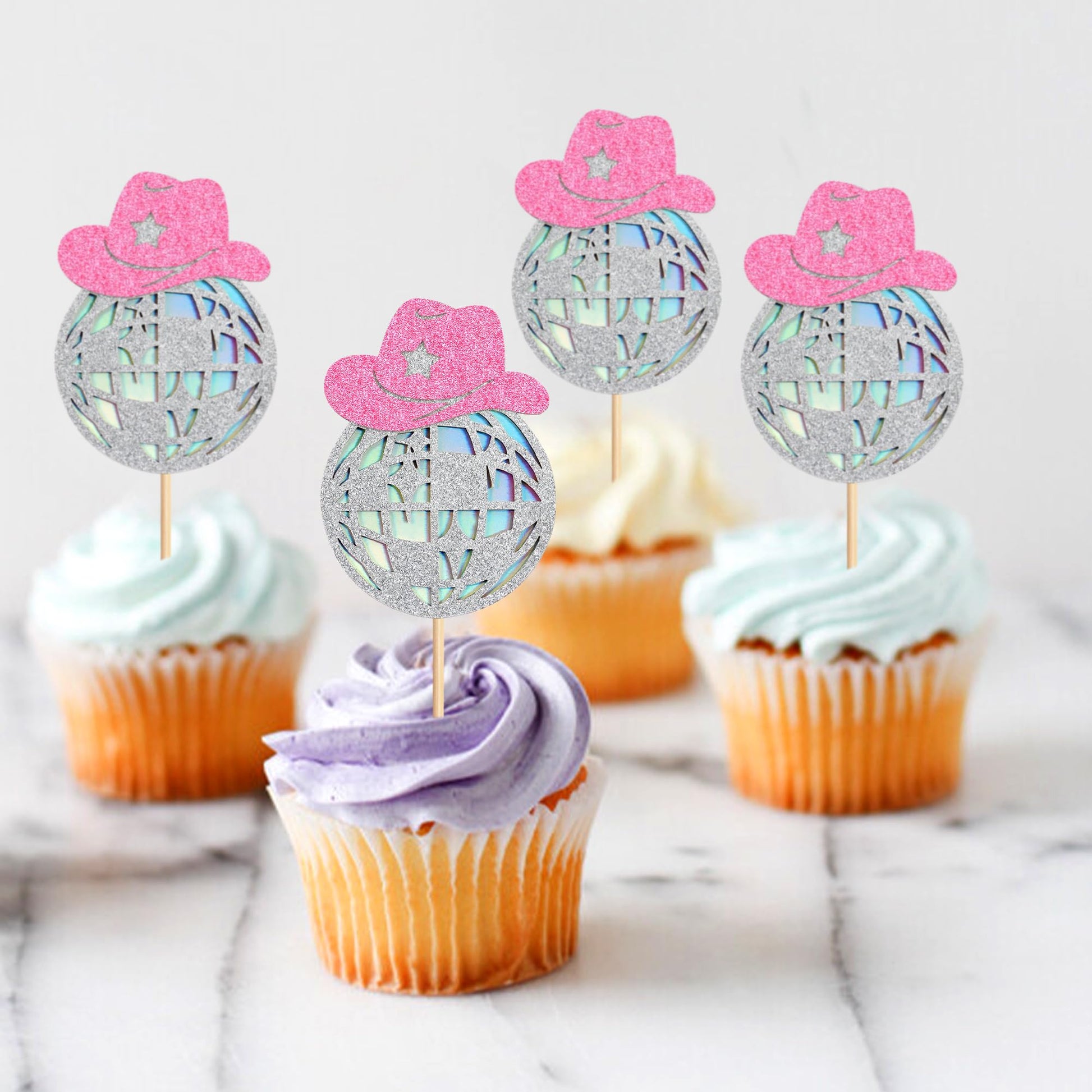 Cyodoos 24 Sparkling Disco Ball Cowboy Hat Cupcake Topper Western