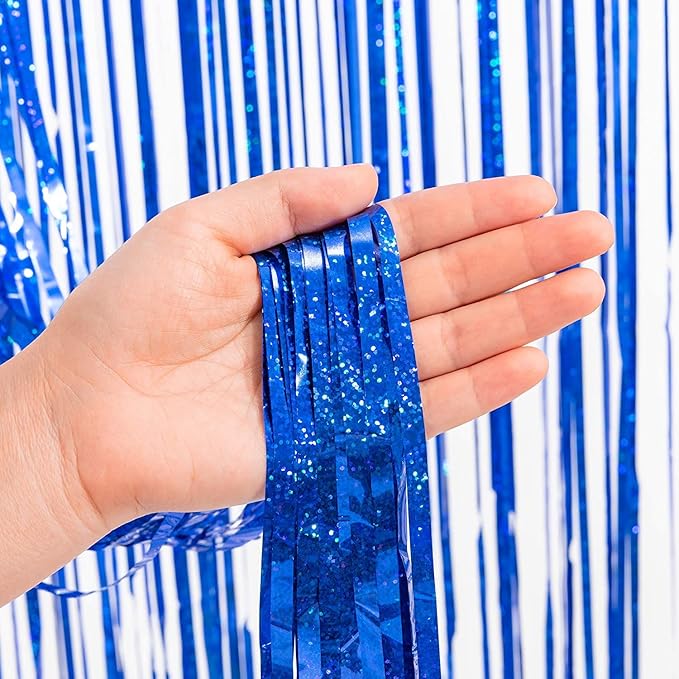 BRAVESHINE Blue Tinsel Foil Fringe Curtains - 2Pcs 3.2x8.2 ft