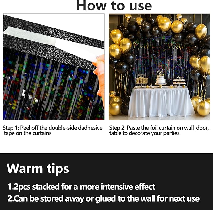 4 Packs Black Foil Fringe Curtain, Glitter Metallic Tinsel Backdrop